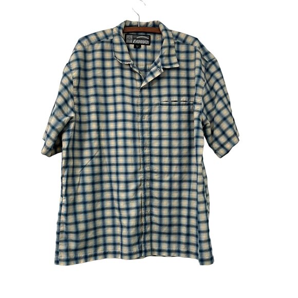 Prana Blue Beige Plaid Outdoor Mens Short Sleeve Snap Button Shirt Size XLarge - Picture 1 of 7